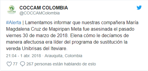 Lideresa campesina asesinada en Colombia